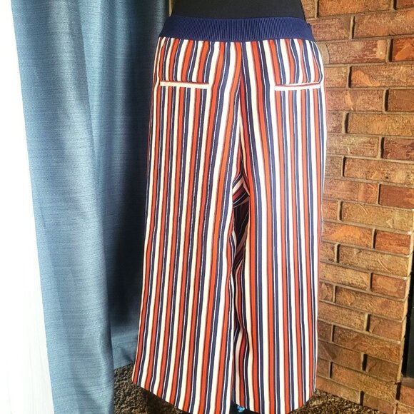 ZARA Women's Navy/Dk Orange/White Striped Cropped Wide Leg Flowy Pants - Size M - Picture 2 of 11